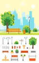 Cartoon Urban Park with Bench and Element Set. Vector