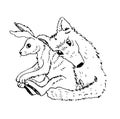 Cartoon valentine couple wolf hugs with a hare