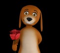 Cartoon valentines dog with a red rose in hand, isolated on black background. 3d render Royalty Free Stock Photo