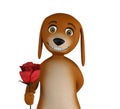 Cartoon valentines dog with a red rose in hand, isolated on white background. 3d render Royalty Free Stock Photo