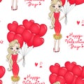 Cartoon valentines girl seamless pattern with cute girl, pink heart and bows.