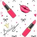 Cartoon valentines girl seamless pattern with pink lipstick, lips and crown.