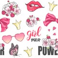 Cartoon valentines power girl seamless pattern with pink heart, lips, sunglasses, flower, crown and bow.