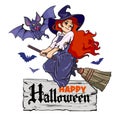 Cartoon vampire bat and cute young witch flying on broomstick