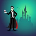 Cartoon vampire drinking blood in front of castle