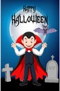 Cartoon vampire standing with his bath mascot with halloween background