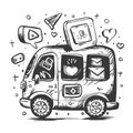 Cute Doodle Van Delivering Social Media Icons and Love Messages Royalty Free Stock Photo