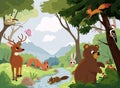Cartoon vector animals that live on the valley with river