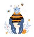 Cartoon vector bear with honey and bee Royalty Free Stock Photo