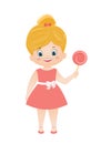 Cartoon vector blond girl in a pink dress with lollipop.