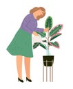 Cartoon vector botanical concept. Houseplant care, woman with watering can for flowers. Room gardening hobby, moistening