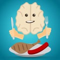 Cartoon vector brain with a knife and fork and with chicken drumstick and sausage on a plate