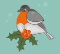 Cartoon vector bullfinch. A bright fluffy winter bird sits on a rowan branch with red berries. Winter card, poster with