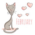 Cartoon vector cat for calendar month February