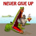 cartoon vector comic Alligator is trying to eat an ostrich, but he has strong legs that do not allow to close his Royalty Free Stock Photo