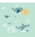 Cartoon vector composition in flat design cute planes in the sky with clouds and sun. Royalty Free Stock Photo