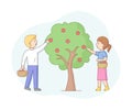 Cartoon Vector Composition With Male And Female Characters Gathering Apples From Tree. Seasonal Farming Concept Linear Royalty Free Stock Photo