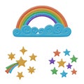 Cartoon vector curly cloud in rainbow stars sky