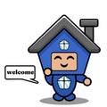 Blue house mascot costume says welcome