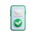 Cartoon Vector 3d accepted message icon. Realistic 3d render envelope with green yes check mark on smartphone screen