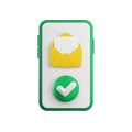 Cartoon Vector 3d accepted message icon. Realistic 3d render open envelope with yes check mark on smartphone screen