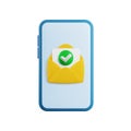 Cartoon Vector 3d mobile message icon. Realistic render open envelope with green yes check mark on smartphone screen