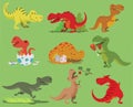 Cartoon vector dinosaur tyrannosaurus rex character dino and jurassic tyrannosaur attacking illustration set of ancient