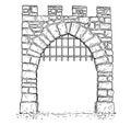 Cartoon Vector of Open Stone Medieval Decision Gate with Iron Bars