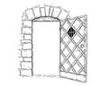Cartoon Vector Drawing of Open Wooden Medieval Decision Door