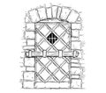 Cartoon Vector Drawing of Wooden Medieval Door Closed by Latch