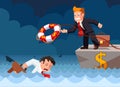 Cartoon vector flat style of a bank employee throwing a lifebuoy to a drowning businessman in danger.