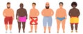 Cartoon vector funny fat man in underwear, bathing suit. Male swimsuits.