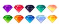 Cartoon vector gems and diamonds icons set in different colors. Royalty Free Stock Photo