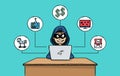 Cartoon vector of hacker with laptop, surrounded by icons. Sketch style doodle colorful illustration.