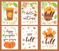 Cartoon vector hand drawn Doodle Happy Fall Autumn cards. Vertical banners design templates set Royalty Free Stock Photo