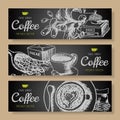 Cartoon vector hand drawn doodles coffee corporate identity. Horizontal banners menu cafe design. Coffee cup templates