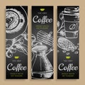 Cartoon vector hand drawn doodles coffee corporate identity. Vertical banners menu cafe design. Coffee cup templates set