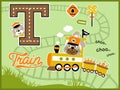 Cartoon vector of funny rabbit on steam train with funny bear the machinist