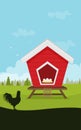 Cartoon vector icon of bright red chicken coop, fresh eggs in the nest Royalty Free Stock Photo