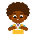 Cartoon vector illustration, African boy holds an antistress simple dimple toy in hands