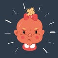 Vector illustration of Angry angry naughty little baby girl face on dark background.