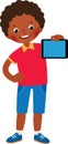 Little African American boy in full growth holds a computer tablet in her hand