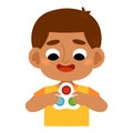 Cartoon vector illustration, Boy holds an antistress simple dimple toy in hands