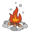 Cartoon vector illustration of campfire, stones, firewood and burning fire