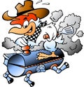 Cartoon Vector illustration of an Chef Chicken riding a BBQ grill barrel