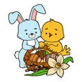 Cartoon illustration for children, Easter illustration bird and rabbit and basket with colored eggs