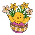 Cartoon illustration for children, Easter illustration little bird and colored egg and flowers Royalty Free Stock Photo