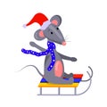 Cartoon vector illustration for children, a mouse rides on a sled. isolated on a white background Royalty Free Stock Photo