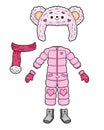 Cartoon vector illustration for children. Set of winter clothes for girl