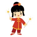 Cartoon vector illustration, Chinese new year character girl and sparklers